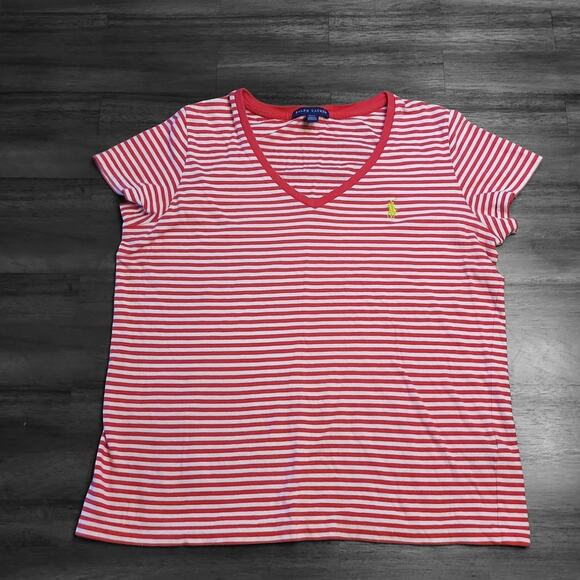 Ralph Lauren Women’s Red Stripe V-Neck T-Shirt Size M Preppy Casual • EUC - Picture 1 of 11